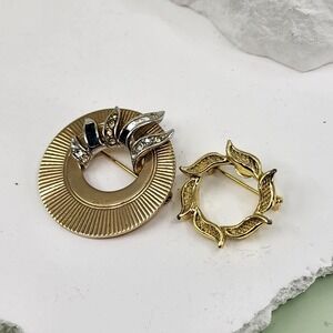 Boucher Vintage Gold Tone Rhinestone Circle Brooch Pin + Leaf Wreath Brooch Lot